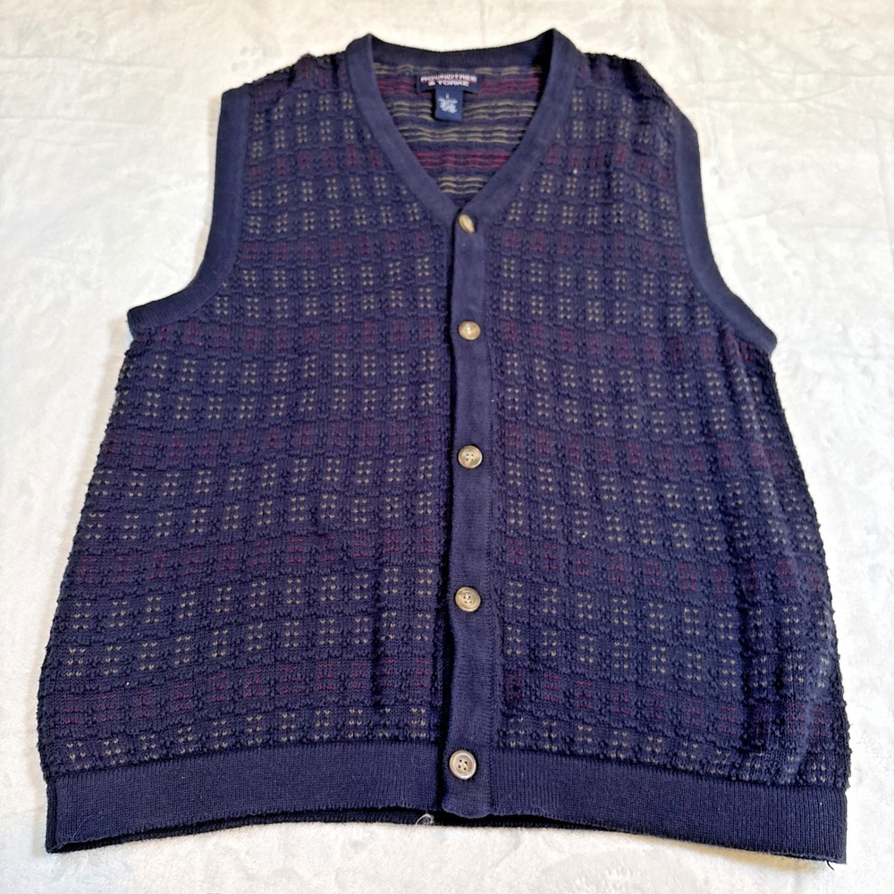 Roundtree & Yorke Men's Button Up Sweater Vest Navy Red L 100% Cotton Grandpa